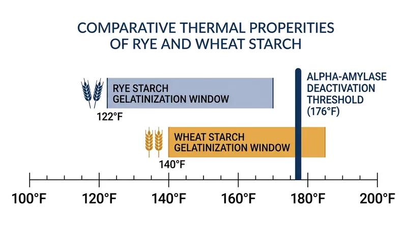 Rye starch gelatinizes at a lower temperature than wheat, leaving it vulnerable to enzymatic degradation for a longer period during baking.