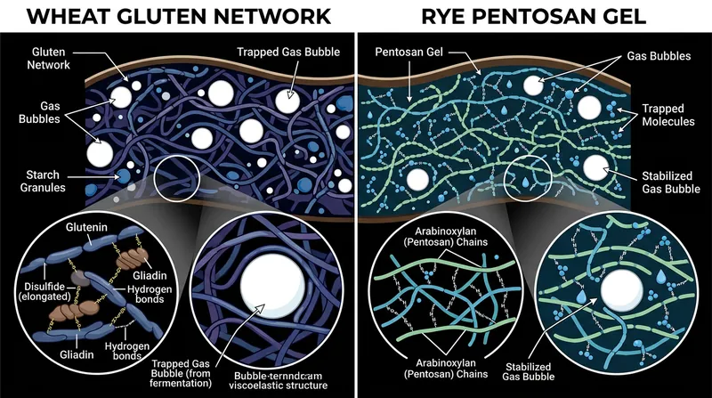 Unlike wheat's elastic gluten network, rye bread relies on a highly viscous gel formed by water-binding pentosans.