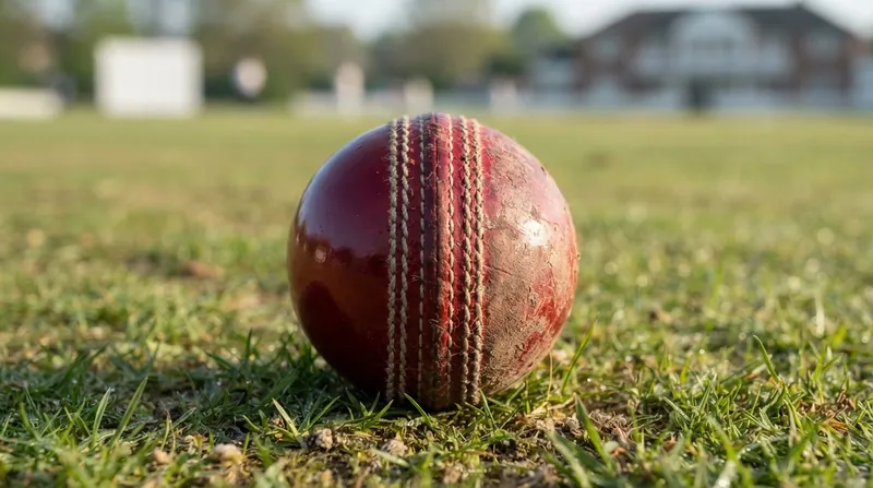 A close-up of a bowler's hand holding a worn red cricket ball with one shiny side and one rough side.