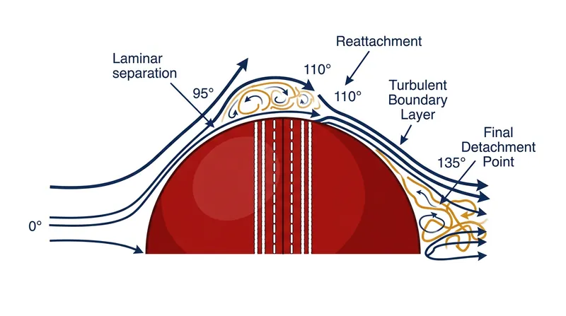 At high speeds, the airflow on the polished side separates, becomes turbulent, and reattaches, extending the boundary layer to 135 degrees.