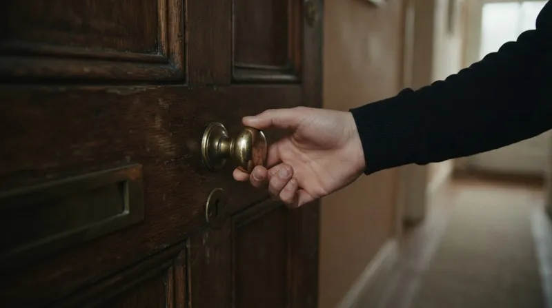A close-up view of a person's hand reaching to check the dial on a gas kitchen stove.