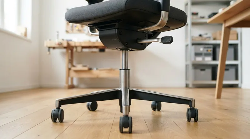 Close-up of the metal gas lift cylinder and wheeled star base of a modern office chair.