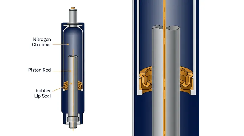A rubber lip seal prevents the compressed nitrogen from escaping around the moving piston rod.