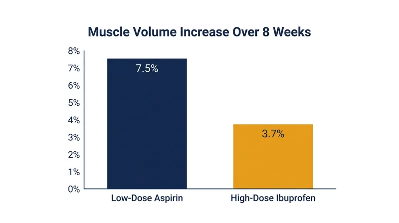 Young adults taking 1,200 milligrams of ibuprofen daily saw their muscle volume gains roughly halved.