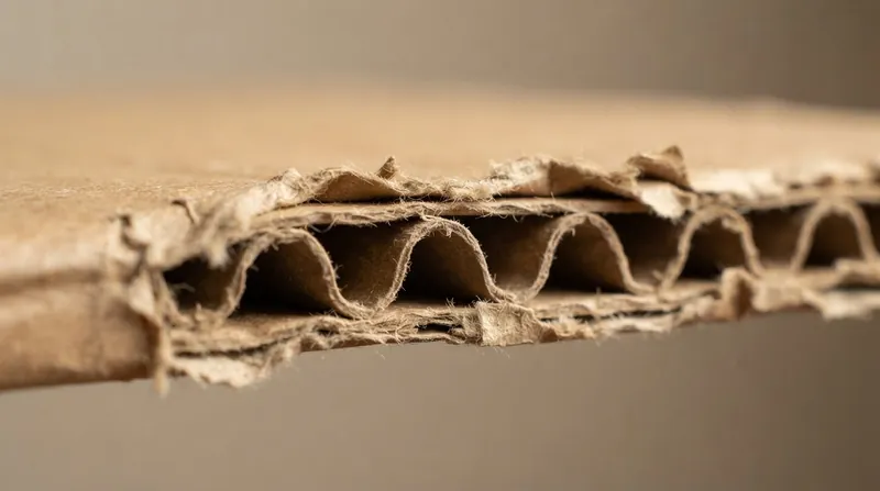 A stack of brown corrugated cardboard boxes sitting on a concrete floor in a dimly lit room.