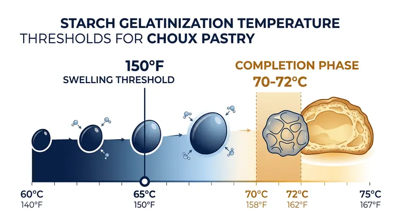 Starch granules begin to swell rapidly at 150°F, with gelatinization largely completing by 72°C.