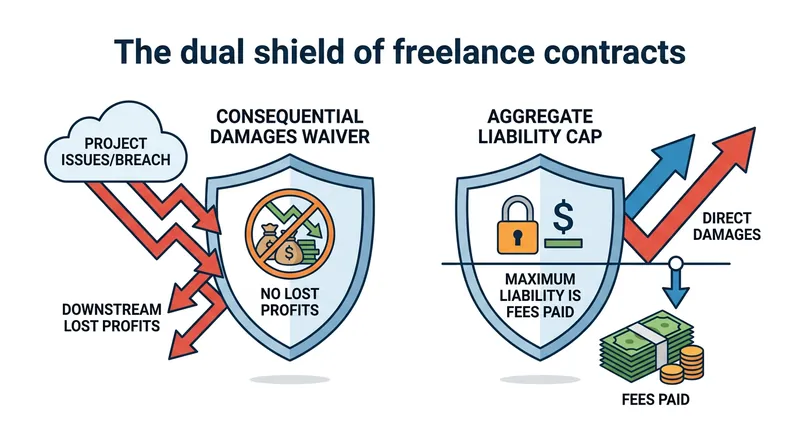 The consequential damages waiver and aggregate liability cap work together to form a comprehensive legal shield.