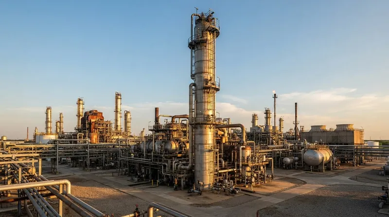 A towering steel vacuum distillation column at an oil refinery illuminated by amber lights at dusk.