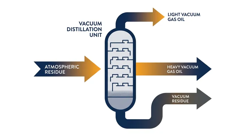 The vacuum distillation unit separates atmospheric residue into valuable gas oils and a final, heavy vacuum residue.