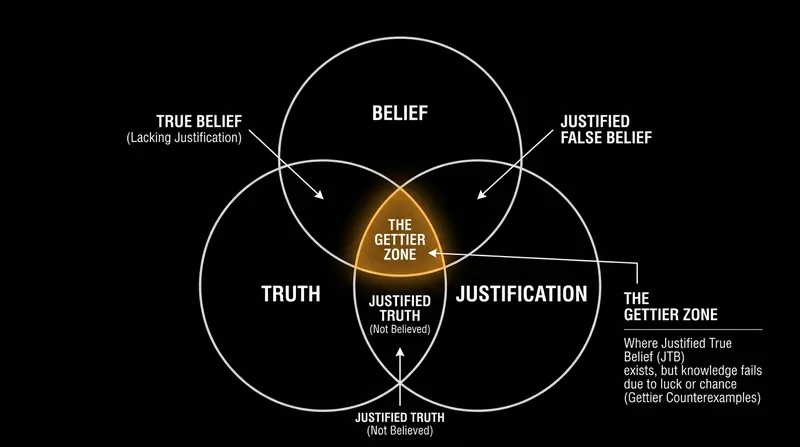 Epistemic luck occupies the exact center of the traditional knowledge diagram, severing justification from truth.