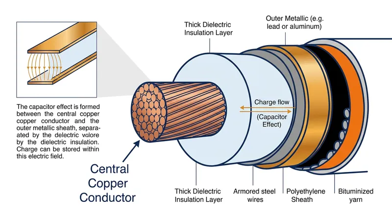 The proximity of the conductor and the metallic sheath across the dielectric insulation turns the entire cable into a massive capacitor.