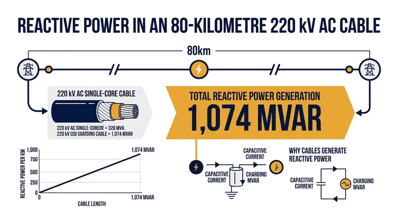 At 80 kilometres, the reactive power generated by the cable requires massive onshore and offshore reactor installations to manage.