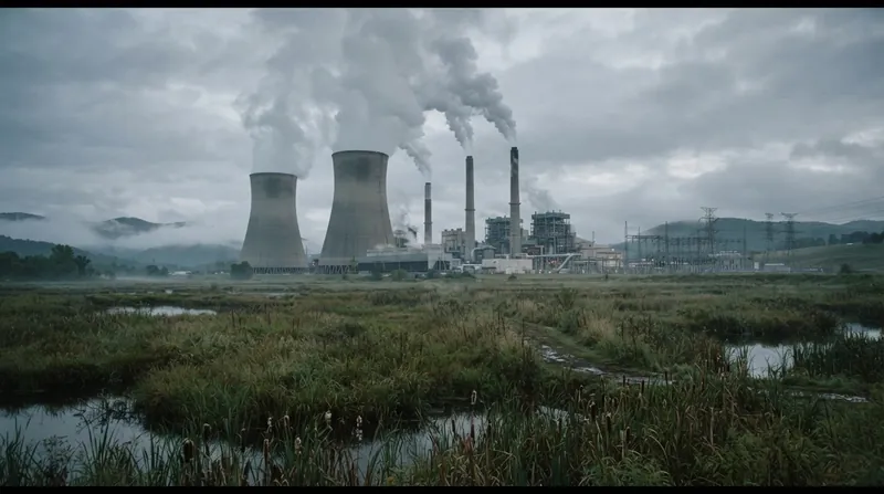 Industrial coal power plant smokestacks releasing thick plumes of exhaust into the sky.