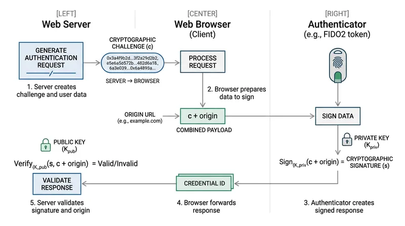 WebAuthn replaces shared secrets with asymmetric cryptography, ensuring the private key never leaves the user's device.