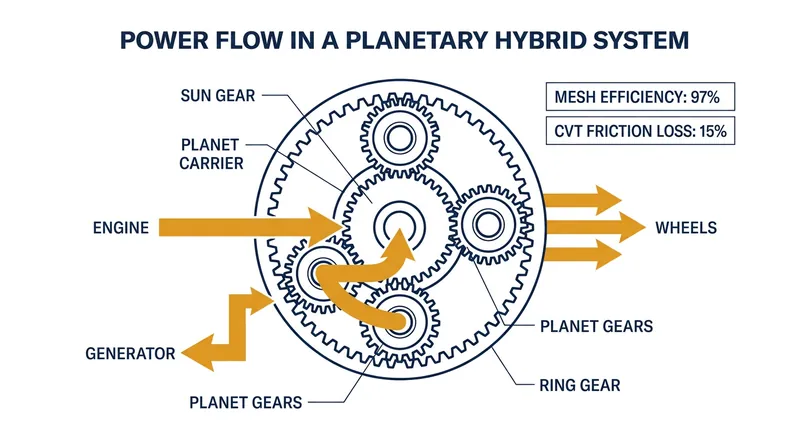 Power-split hybrids route mechanical energy through a central sun gear governed by an electric generator.
