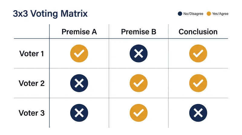 The classic matrix of the doctrinal paradox, where individual logic produces a collective contradiction.