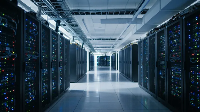 Rows of high-density server racks inside a modern data center illuminated by blue lights.