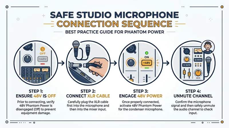 Following a strict connection sequence prevents momentary voltage spikes from damaging delicate studio equipment.