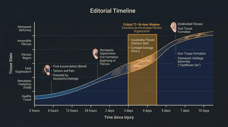 The critical intervention window closes rapidly as pooled blood organizes into rigid fibrocartilage.