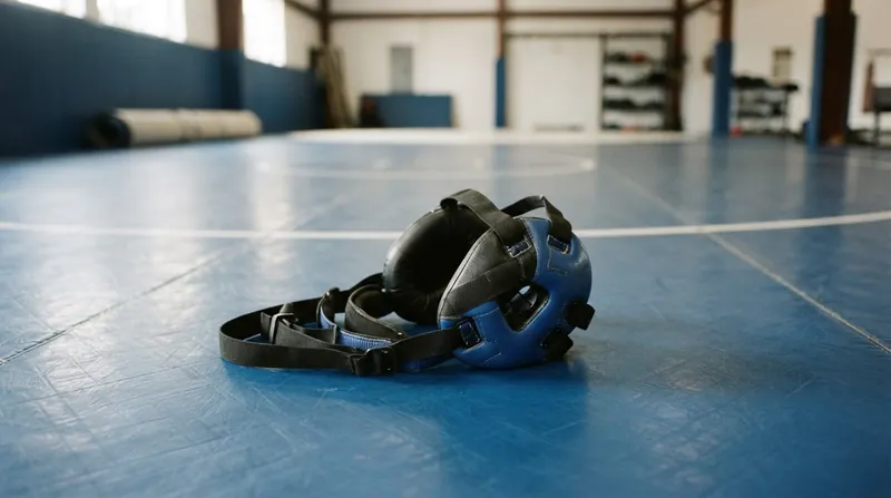A close-up view of a grappler adjusting protective headgear over their ears in a martial arts gym.