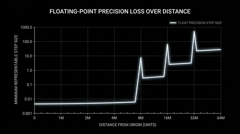 As the distance from the origin doubles, the minimum distance between representable numbers doubles alongside it.