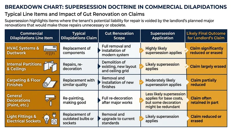 Cosmetic finishes, internal partitions, and outdated mechanical systems are the most common items struck from dilapidations claims due to supersession.