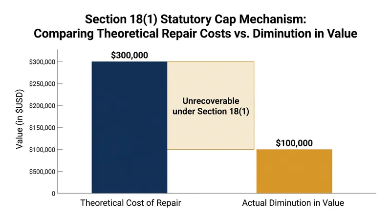 Section 18(1) legally caps a landlord's repair claim at the actual drop in the property's open-market value.