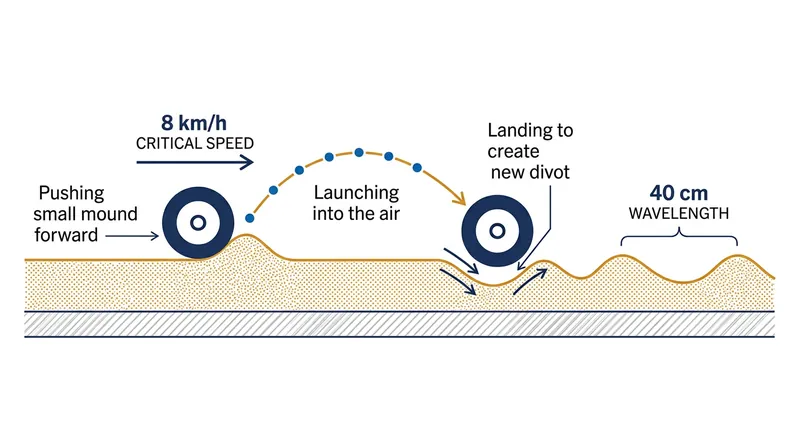 The skipping-stone effect: rolling wheels launch off microscopic ramps of displaced dirt, carving new divots when they land.