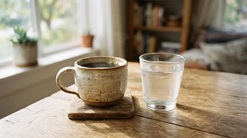 A clear glass of iced coffee and a clear glass of water sitting side-by-side on a wooden table.