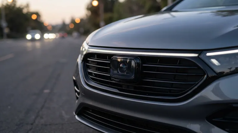 An autonomous car drives on a wet highway at dusk, its roof sensor emitting a glowing beam.
