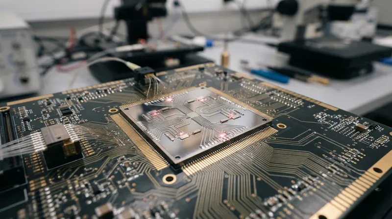Illustration: Integrating the complex lasers and local oscillators required for coherent mixing onto a single silicon chip remains a primary manufacturing challenge.
