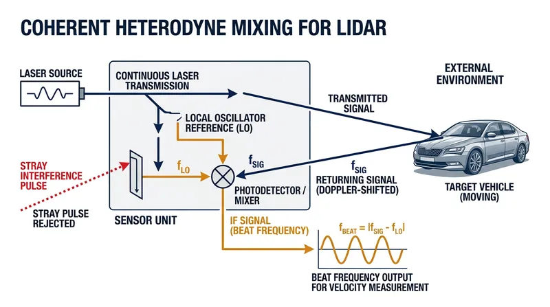 Coherent heterodyne mixing physically rejects any light that does not perfectly match the sensor's own frequency chirp.