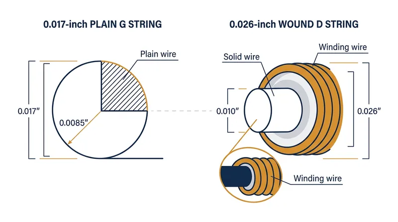 Despite its smaller overall diameter, the plain G string features a significantly thicker solid steel core than the wound D string.