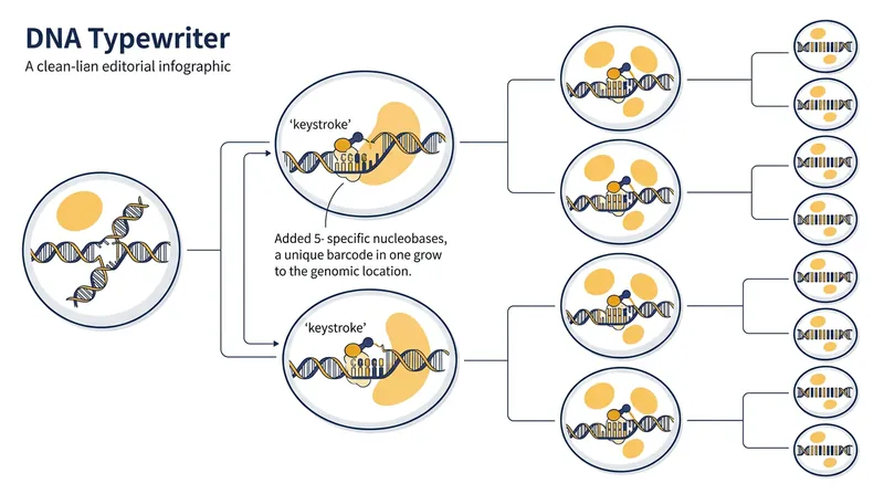 The system inserts short genetic barcodes into the cell's DNA during each division, creating a permanent chronological record.