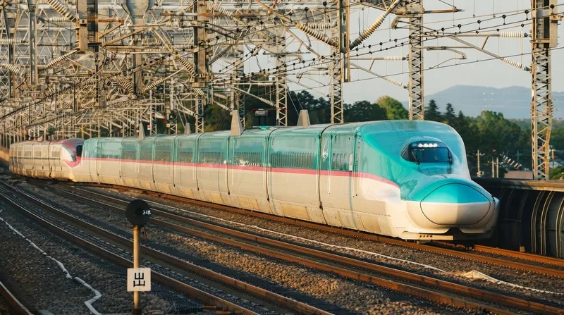 A Japanese E5 Series Shinkansen bullet train with a long teal nose entering a concrete tunnel.