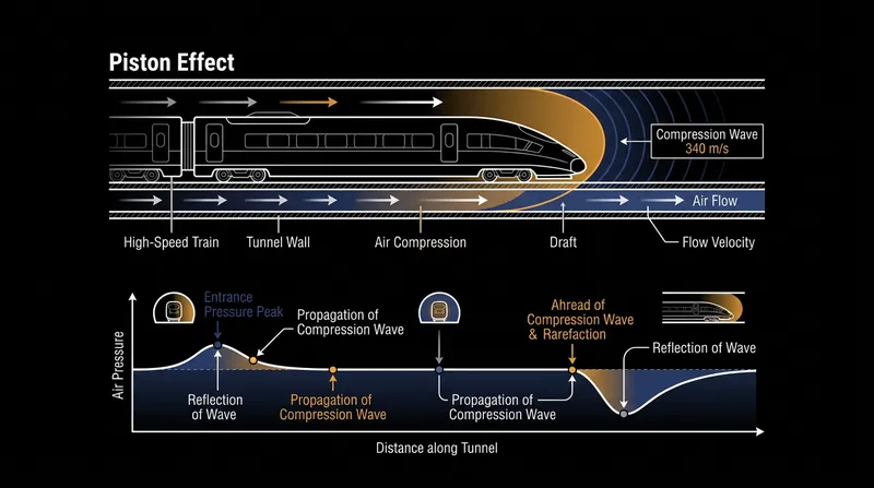 The piston effect creates a compression wave that travels at the speed of sound, outpacing the train itself.