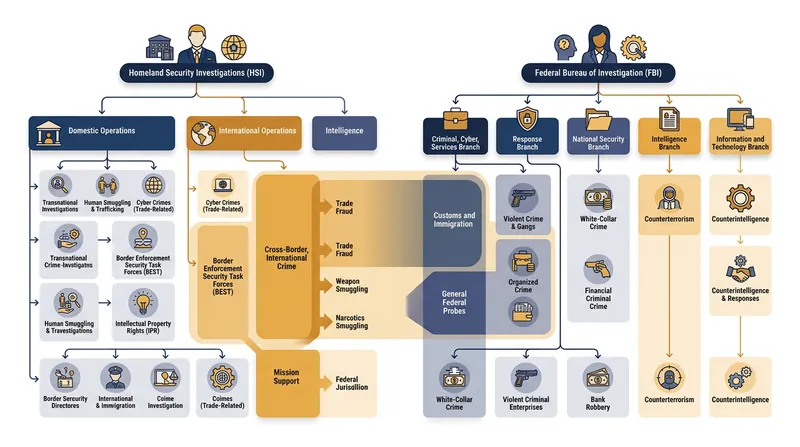 Homeland Security Investigations typically focuses on transnational crime and financial networks, distinct from the FBI's broader domestic mandate.