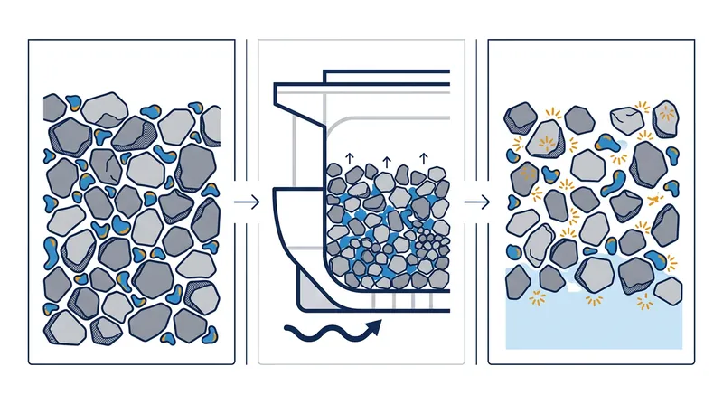 As vibration compacts the cargo, the shrinking void spaces force trapped water to bear the weight of the material, eliminating the friction between solid particles.