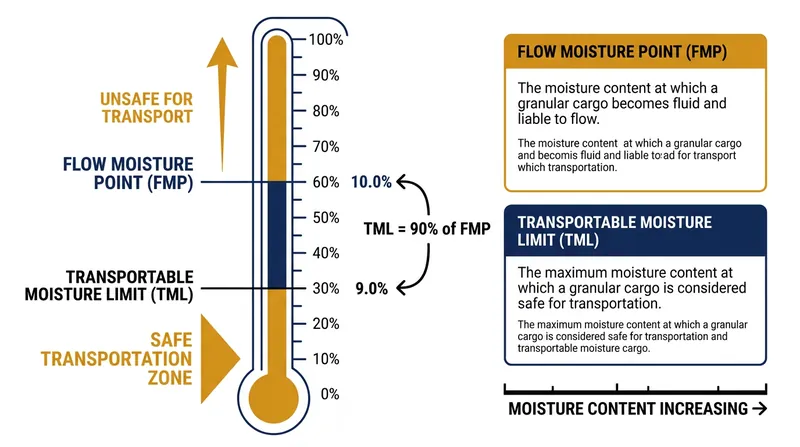 The IMSBC Code mandates a strict safety buffer, setting the legal loading limit at 90 percent of the moisture content that would trigger a flow state.