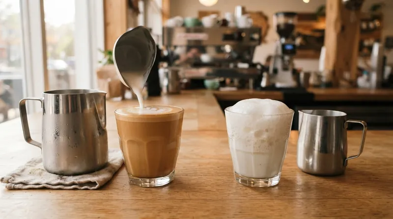 Illustration: Properly steamed microfoam (left) maintains an emulsion, while denatured milk (right) separates into stiff bubbles and watery liquid.