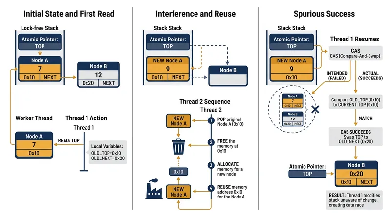 The ABA problem occurs when a memory address is recycled while a thread is suspended.