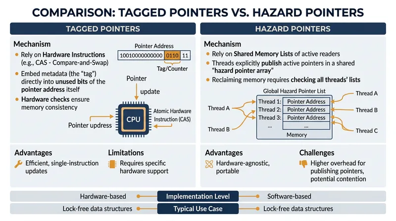Hazard pointers offer a software-based alternative that avoids the mathematical limits of generational counters.