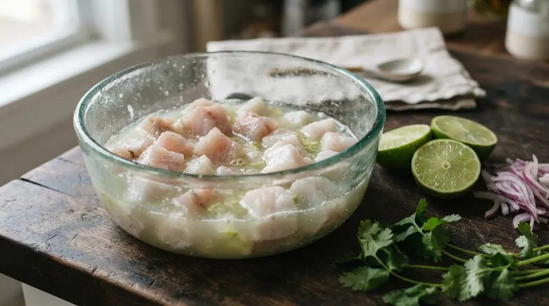 A chef's hands squeezing fresh lime juice over diced white fish in a ceramic bowl.