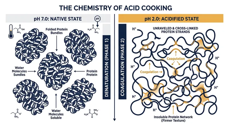 Hydrogen ions from citrus juice disrupt the chemical bonds holding fish proteins together, causing them to unravel and form a solid mesh.