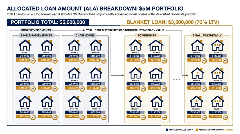 Commercial underwriters assign a specific debt allocation to each property in a blanket loan based on its appraised value.