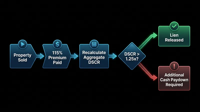 Even after paying the release premium, the remaining portfolio must generate enough rental income to pass the lender's DSCR stress test.