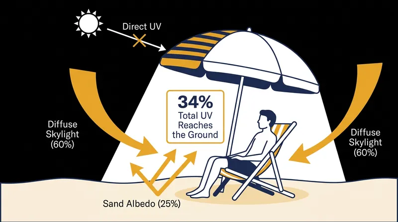 Atmospheric scattering and surface reflection deliver a third of the ambient ultraviolet load directly into the shaded zone.