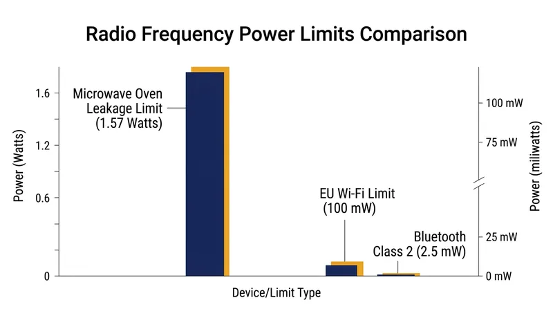 Consumer microwave ovens are legally permitted to leak significantly more radio noise than wireless routers are allowed to transmit.