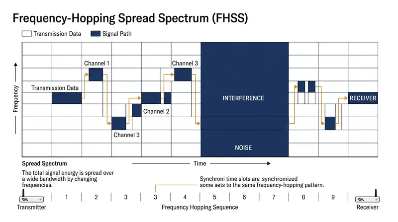 Early wireless protocols survived the noisy ISM band by rapidly hopping between frequencies to dodge bursts of interference.