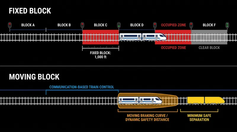 Fixed-block systems waste track space by enforcing rigid separation distances, while moving blocks tailor the safety buffer to the train's exact speed.